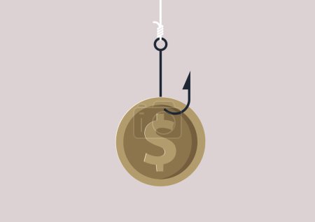 Illustration for A dollar coin on a hook, a financial market fraud, white collar crime - Royalty Free Image