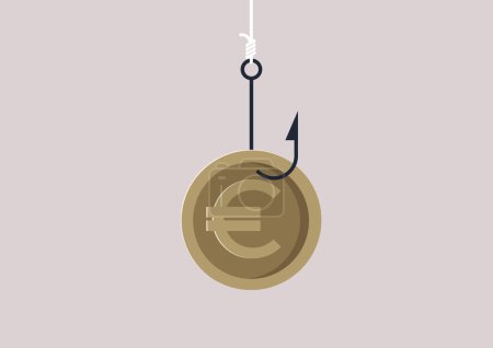 Illustration for A euro coin on a hook, a financial market fraud, white collar crime - Royalty Free Image
