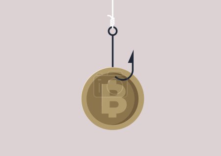 Illustration for A bitcoin on a hook, a crypto currency fraud - Royalty Free Image