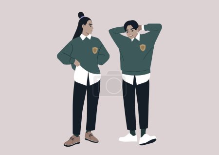 Téléchargez les illustrations : Un étudiant timide flirtant avec leur béguin pendant la pause, les deux portant des uniformes universitaires - en licence libre de droit