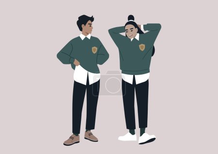 Téléchargez les illustrations : Un étudiant timide flirtant avec leur béguin pendant la pause, les deux portant des uniformes universitaires - en licence libre de droit