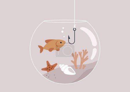 Illustration for Absurd fishing concept, A round fish tank with corals and sea shells inside, a gullible goldfish curious about a metal hook - Royalty Free Image