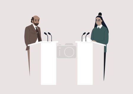 Ilustración de Una discusión pública, dos candidatos opositores de pie en el escenario opuestos entre sí, la libertad de expresión - Imagen libre de derechos