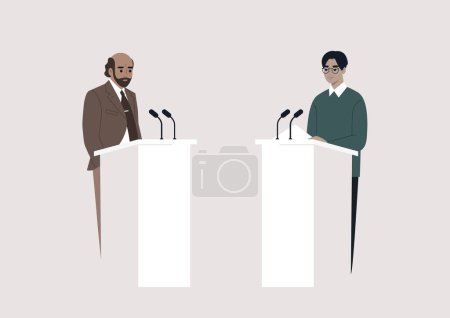 Illustration for A public discussion, two opponent candidates standing on stage opposite of each other, freedom of speech - Royalty Free Image