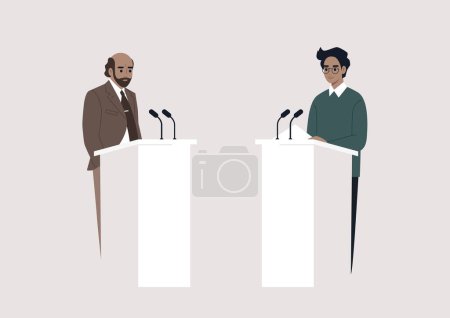 Illustration for A public discussion, two opponent candidates standing on stage opposite of each other, freedom of speech - Royalty Free Image