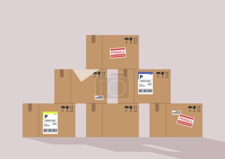 Téléchargez les illustrations : Une pile de boîtes en carton avec des étiquettes prêtes à l'expédition, une société de livraison - en licence libre de droit