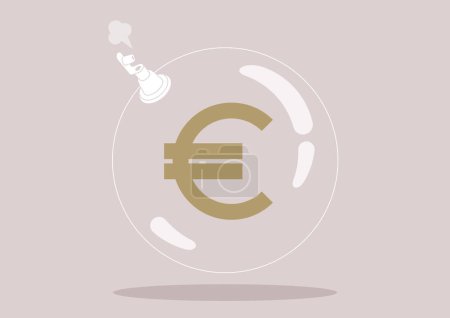 Illustration for Euro deflation concept, a plastic ball blowing out air through the inflation valve - Royalty Free Image