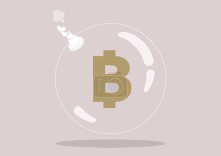 Illustration for Bitcoin deflation concept, a plastic ball blowing out air through the inflation valve - Royalty Free Image