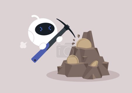 Ilustración de Bitcoin minería, un lindo robot blanco golpeando una roca con un pico - Imagen libre de derechos