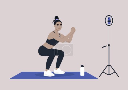 Ilustración de Un joven personaje asiático femenino haciendo sentadillas, una escena de entrenamiento en línea, atuendo deportivo - Imagen libre de derechos