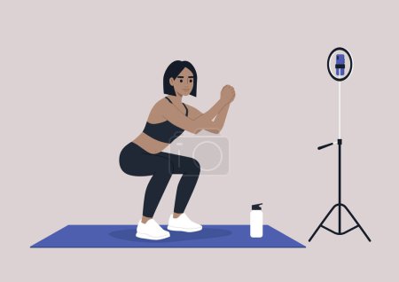 Ilustración de Un joven personaje femenino caucásico haciendo sentadillas, una escena de entrenamiento en línea, atuendo deportivo - Imagen libre de derechos