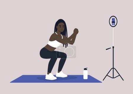 Ilustración de Un joven personaje africano femenino haciendo sentadillas, una escena de entrenamiento en línea, atuendo deportivo - Imagen libre de derechos