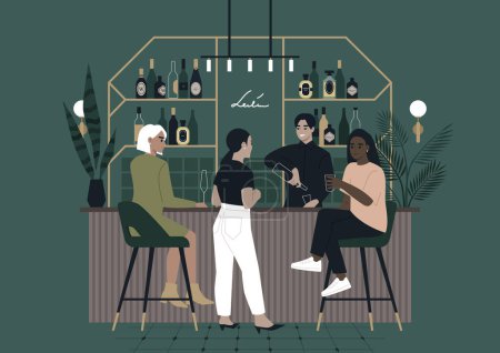 Téléchargez les illustrations : Bar à vin, un barman et trois clients au comptoir, ambiance relaxante, design d'intérieur raffiné - en licence libre de droit
