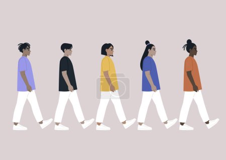 Illustration for A group of young diverse characters striding in unison as a representation of unity - Royalty Free Image