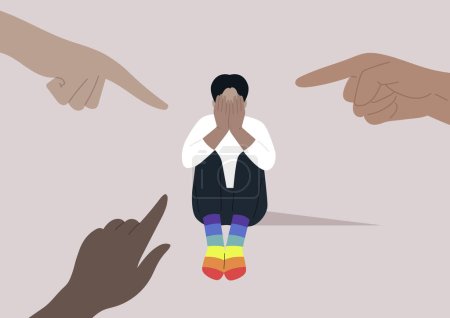 Téléchargez les illustrations : Des doigts pointant vers une personne LGBTQ, soulignant le problème de l'homophobie au sein d'une société qui est méchante et intolérante - en licence libre de droit