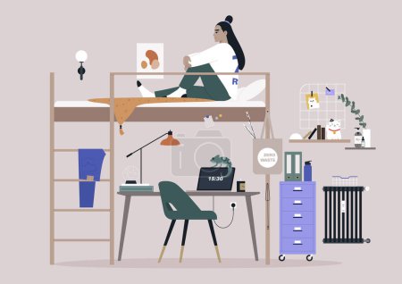 Illustration for A dorm room concept, a remote home office with a bunk bed, as a space-saving solution, a teenager's decorated bedroom - Royalty Free Image