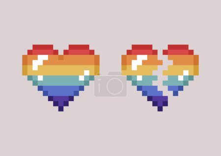 Illustration for A set of glowing rainbow pixel hearts, one is broken, simplified symbols of LGBTQ+ movement and human rights - Royalty Free Image