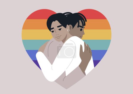 Ilustración de Dos personajes se unen en un cálido abrazo enmarcado con una forma de corazón en colores arcoíris, un gesto de profundo amor y afecto el uno por el otro - Imagen libre de derechos