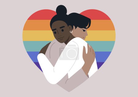 Ilustración de Dos personajes se unen en un cálido abrazo enmarcado con una forma de corazón en colores arcoíris, un gesto de profundo amor y afecto el uno por el otro - Imagen libre de derechos