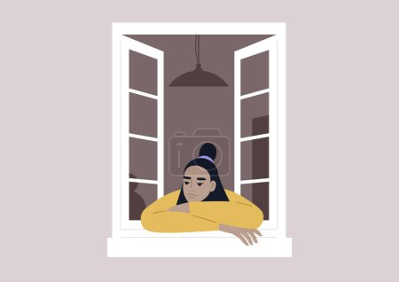 Illustration for A disinterested character leans against an open window, idly observing the activities unfolding on the street with a sense of detachment - Royalty Free Image