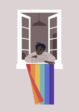 Téléchargez les illustrations : Jeune personnage appuyé sur le rebord de la fenêtre, le drapeau LGBTQ vibrant est fièrement affiché à proximité, symbolisant une étape importante dans leur voyage de sortir et d'embrasser leur soi authentique - en licence libre de droit