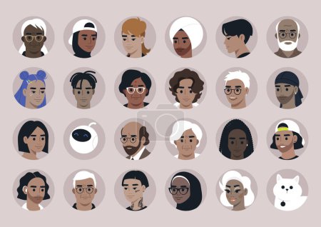 Téléchargez les illustrations : Une collection d'avatars divers, incarnant un éventail d'âges, d'origines ethniques et d'identités culturelles - en licence libre de droit