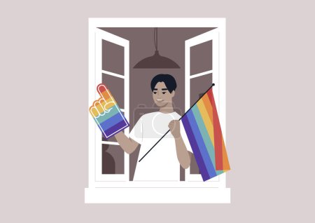 Téléchargez les illustrations : Un jeune personnage émergeant d'une fenêtre ouverte, tenant des accessoires LGBTQ vibrants entre leurs mains, symbolisant une étape importante dans leur cheminement vers l'adoption de leur identité authentique - en licence libre de droit