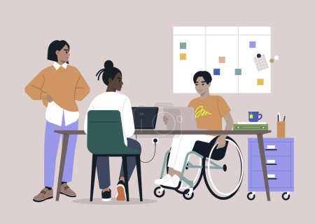 Illustration for A team characterized by diversity and inclusivity engaged in a project discussion during their routine staff meeting - Royalty Free Image