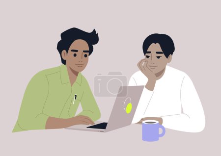 Illustration for The essence of mentorship, one colleague reviewing the other's work on a laptop, fostering guidance and growth - Royalty Free Image