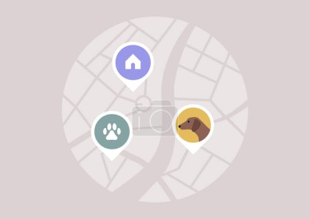 Illustration for A tracking tag that assists in pinpointing the location of a beloved pet on a digital map - Royalty Free Image