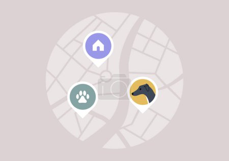 Illustration for A tracking tag that assists in pinpointing the location of a beloved pet on a digital map - Royalty Free Image