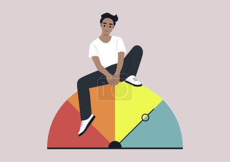 Téléchargez les illustrations : Un jeune personnage assis au sommet d'une infographie de pointage de crédit, un tableau de bord demi-cercle avec quatre secteurs colorés et une flèche - en licence libre de droit