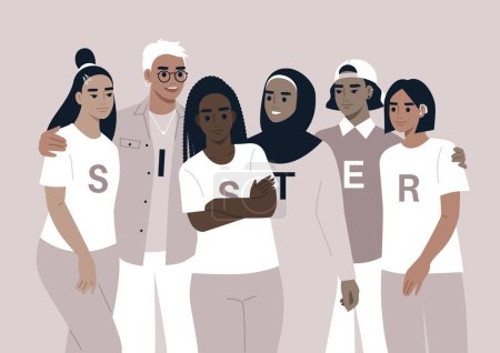 Illustration for A diverse group of women stands united, offering mutual support and warm embraces, with the word Sister displayed on their shirts, each letter standing on its own - Royalty Free Image