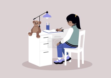 Illustration for A young female preschool student diligently working on her homework at a desk with drawers, representing the concept of home education - Royalty Free Image