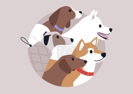 Illustration for A circular sticker featuring various dog breeds - Royalty Free Image