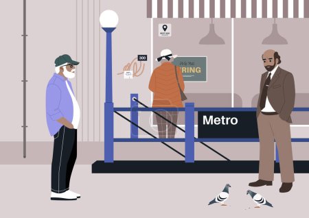 A busy urban spot at a crowded metro station entrance, where pigeons and graffiti blend into the backdrop of older individuals navigating the bustling big city life