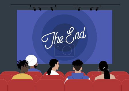 Illustration for A cinema movie screen displaying The End signage, encompassing the realm of art and entertainment, with people seated on red-upholstered chairs - Royalty Free Image