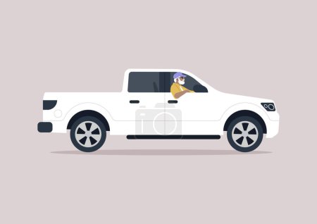 Illustration for A senior driver in a pickup truck, casually steering with one arm hanging out of the window as they drive - Royalty Free Image