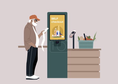 Ilustración de Un personaje perplejo verificando dos veces su recibo de papel en un registro de pago de autoservicio en una tienda de supermercados sin gerente - Imagen libre de derechos
