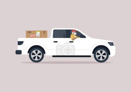 Illustration for Delivery service concept, A senior driver in a pickup truck, casually steering with one arm hanging out of the window as they drive - Royalty Free Image