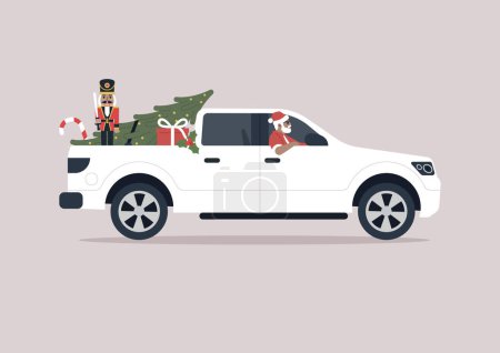 Téléchargez les illustrations : Un Père Noël contemporain, conduisant une camionnette, offrant des cadeaux de Noël aux enfants - en licence libre de droit