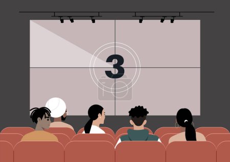 Illustration for A cinema movie screen displaying the countdown, encompassing the realm of art and entertainment, with people seated on red-upholstered chairs - Royalty Free Image