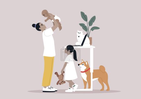 Illustration for Work life balance, A young parent playing with their children and pets while doing their office tasks remotely - Royalty Free Image