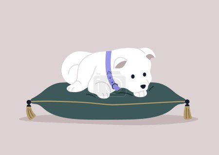 Illustration for A small and adorable Samoyed puppy resting on a velvet cushion adorned with golden tassels - Royalty Free Image