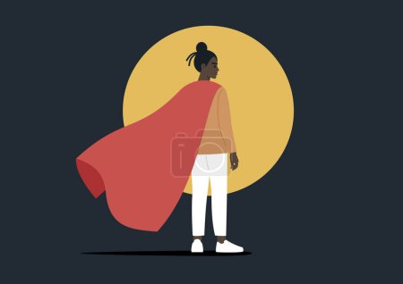 Ilustración de Un personaje de pie en un centro de atención, vistiendo una capa de superhéroe rojo vibrante, colocada sobre un fondo oscuro - Imagen libre de derechos