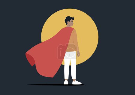 Ilustración de Un personaje de pie en un centro de atención, vistiendo una capa de superhéroe rojo vibrante, colocada sobre un fondo oscuro - Imagen libre de derechos