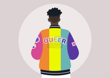 Téléchargez les illustrations : Un jeune personnage revêtu d'une veste de bombardier conçue pour montrer son soutien à la communauté LGBTQ, ornée des couleurs vibrantes du drapeau de la fierté et ornée de patchs et d'épinglettes approuvant la tolérance - en licence libre de droit