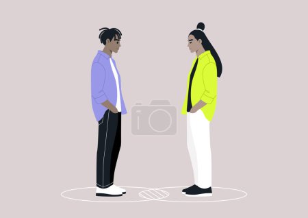 Illustration for Two characters standing within their individual circles that intersect, serving as a metaphor for both their commonalities and differences - Royalty Free Image