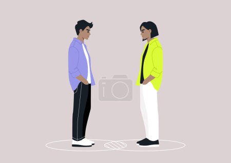 Illustration for Two characters standing within their individual circles that intersect, serving as a metaphor for both their commonalities and differences - Royalty Free Image