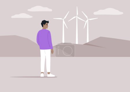 A renewable energy source, with a young character gazing at the wind turbines on the horizon, the scene represents eco-friendly and responsible behavior, emphasizing the importance of sustainability